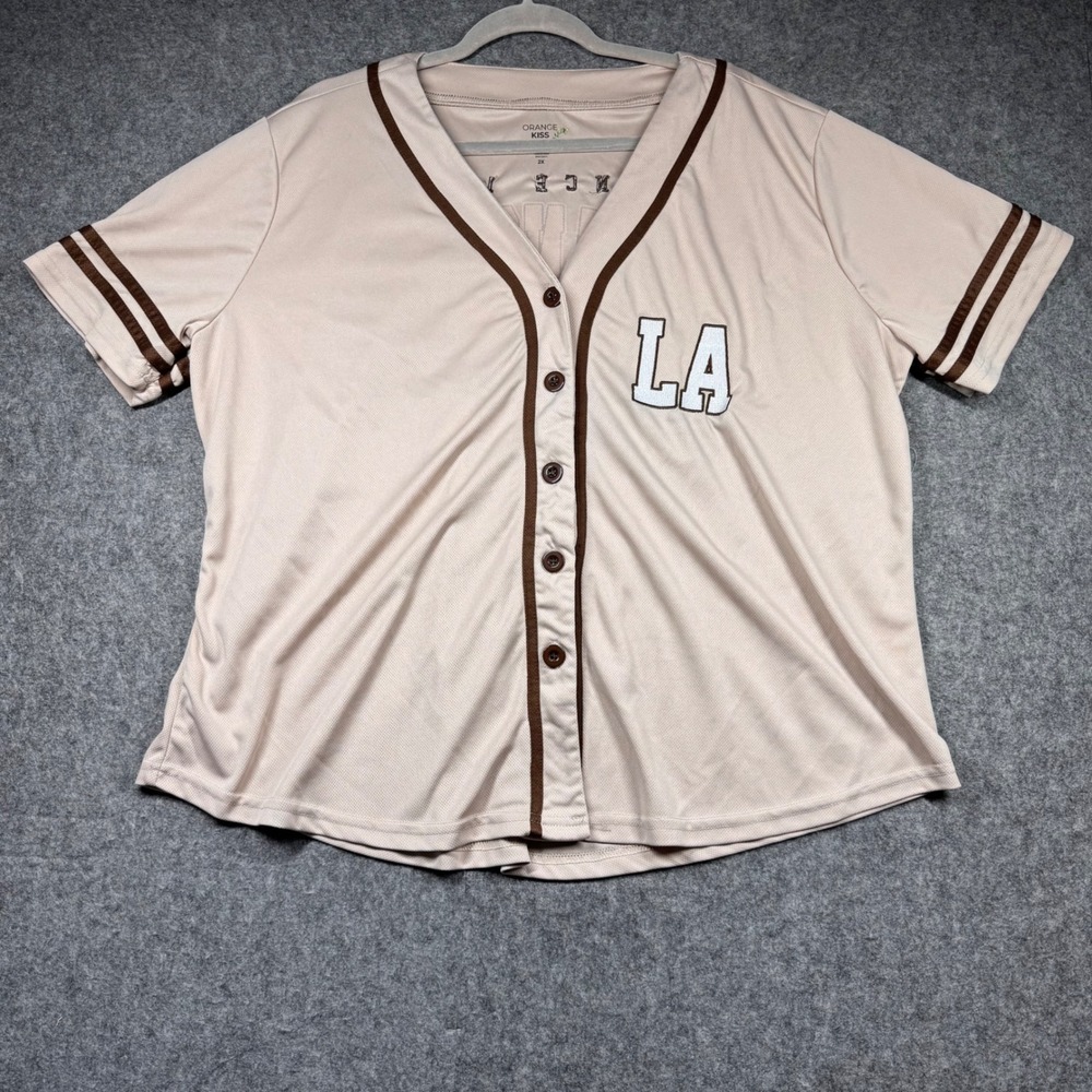 Orange Kiss Los Angeles Baseball Jersey Tan Brown Mens 2X Short Sleeve Button Up